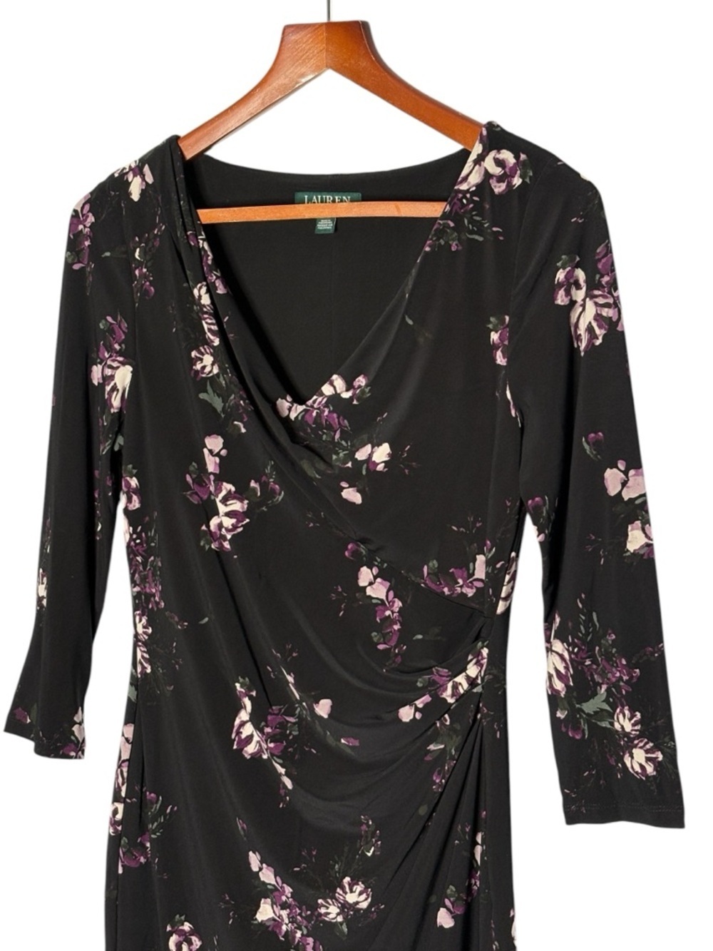 Lauren Ralph Lauren Black Floral Surplice Ruched Jersey Dress • 6 • 3/4 Sleeve - Picture 4 of 12